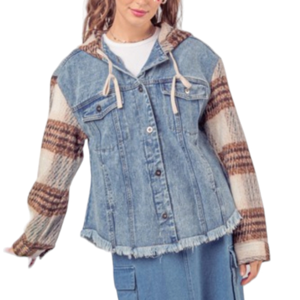 Women's Denim Jacket with Plaid Sleeves